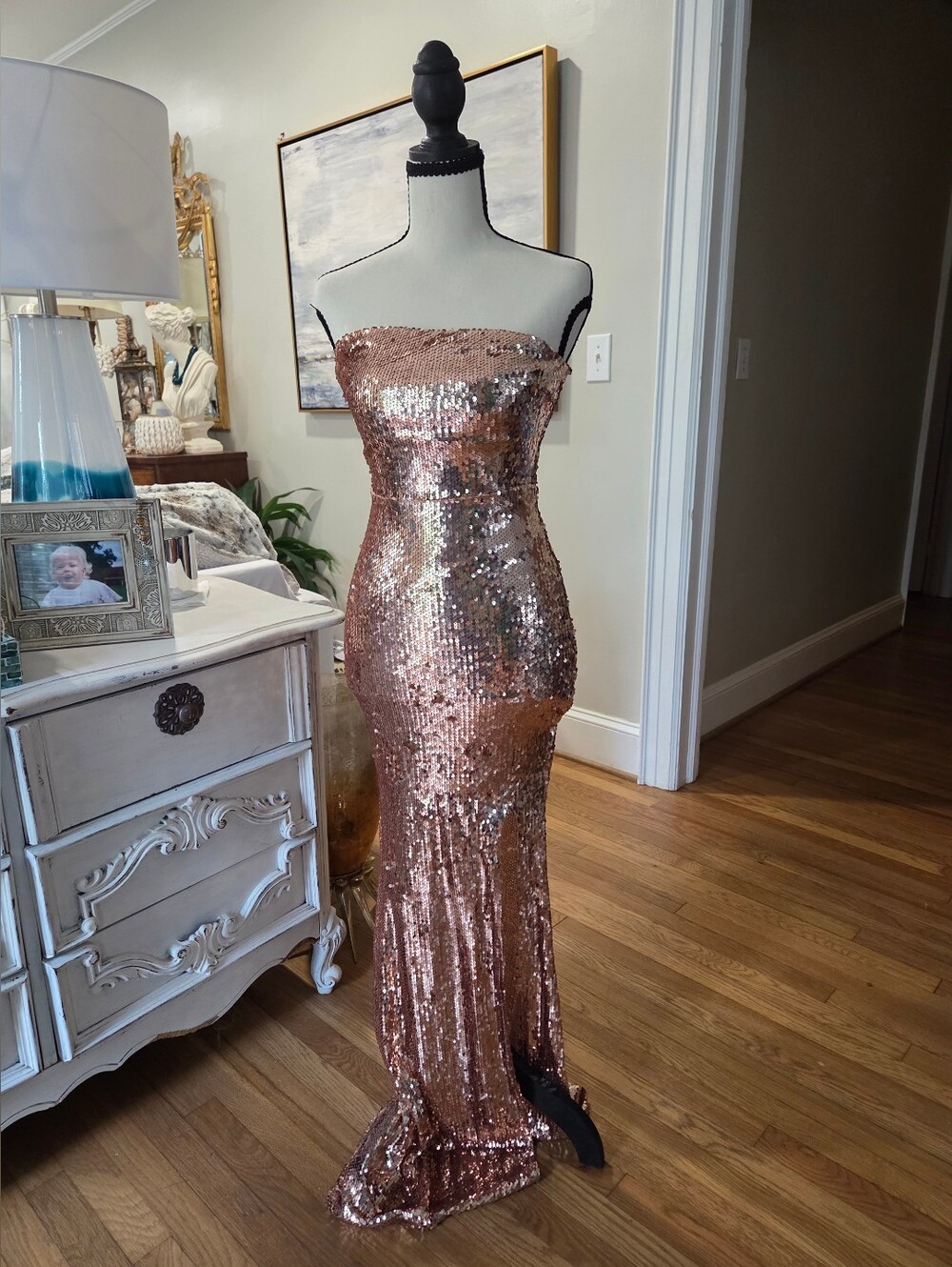 Fashion Nova Rose Gold Sequin Strapless Dress | Size Small